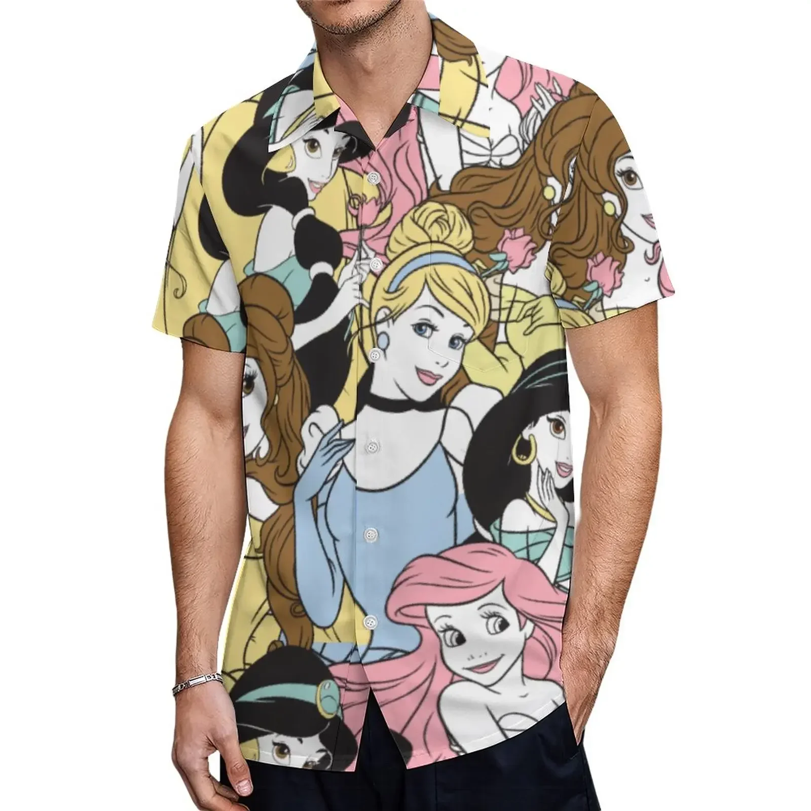 الرجال والنساء ديزني الأميرة الرسومات قميص هاواي ، كم قصير ، زر أسفل ، عارضة خمر الموضة