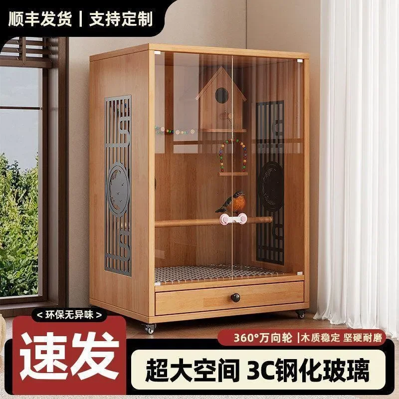 For Monk Parrot Large Wooden Bird Cage Luxury Villa Style Ornamental Breeding Brooding Solid Wood Household Pet Supplies