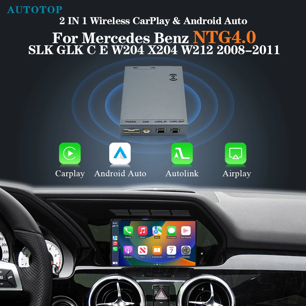 AUTOTOP Kabelloses CarPlay Android-Modul für Mercedes Benz NTG4.0 SLK GLK C E W204 X204 W212 2008-2011 Rückfahrkamera Spiegelverbindung