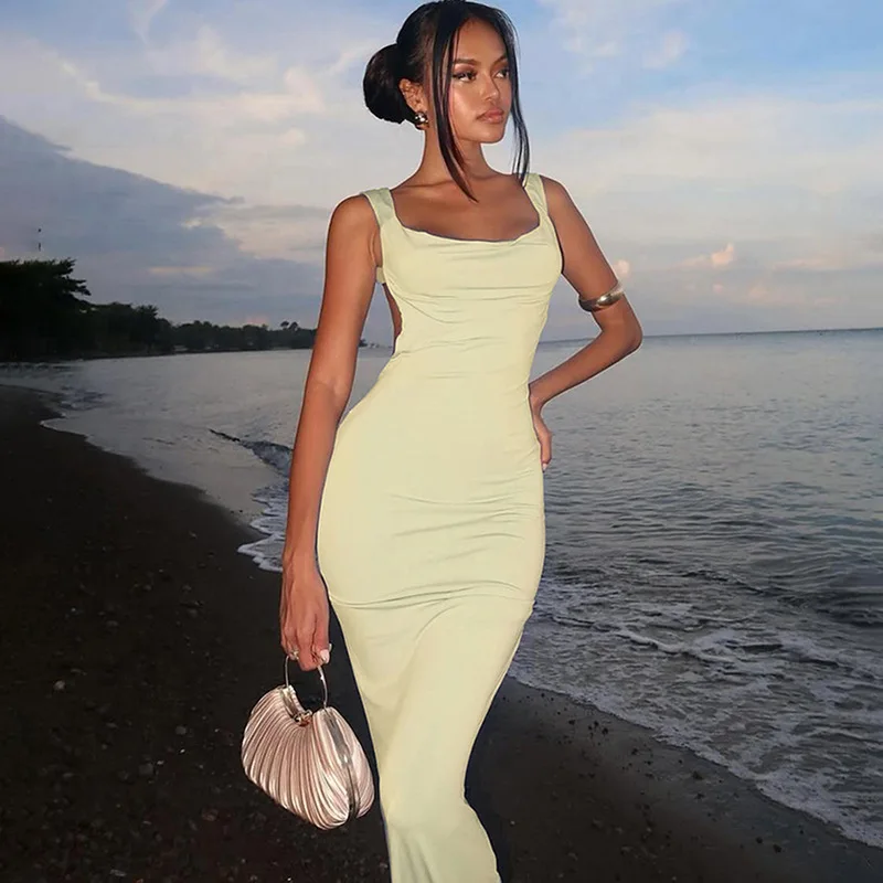 Elegantes Damen-Party-Maxikleid mit Schleife hinten, Satin, Neckholder, rückenfrei, ärmellos, weibliche Kleider, 2022, Sommer-Dame, solide Abendkleider