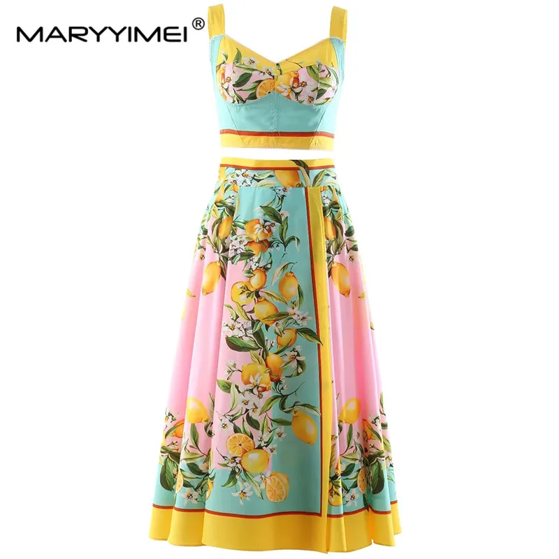 

MARYYIMEI New Fashion Spring Summer Elegant Suit Square Collar Suspended＋Long Skirt Fruit printing Holiday Two Pieces Set