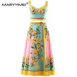 MARYYIMEI New Fashion Spring Summer Elegant Suit Square Collar Suspended＋Long Skirt Fruit printing Holiday Two Pieces Set