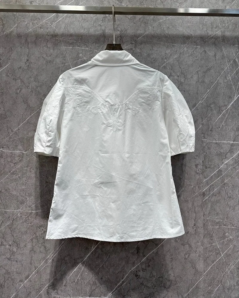 100%Cotton Shirt 2024 Summer Fashion White Shirt High Quality Women Turn-down Collar Exquisite Embroidery Short Sleeve Shirt