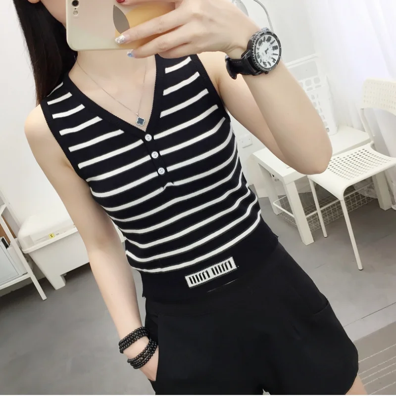 Summer New Short Ice Silk Sling Striped Tank Women\'s V-neck Button Slim Elastic Versatile Fashion Knitted Sleeveless Top 2024