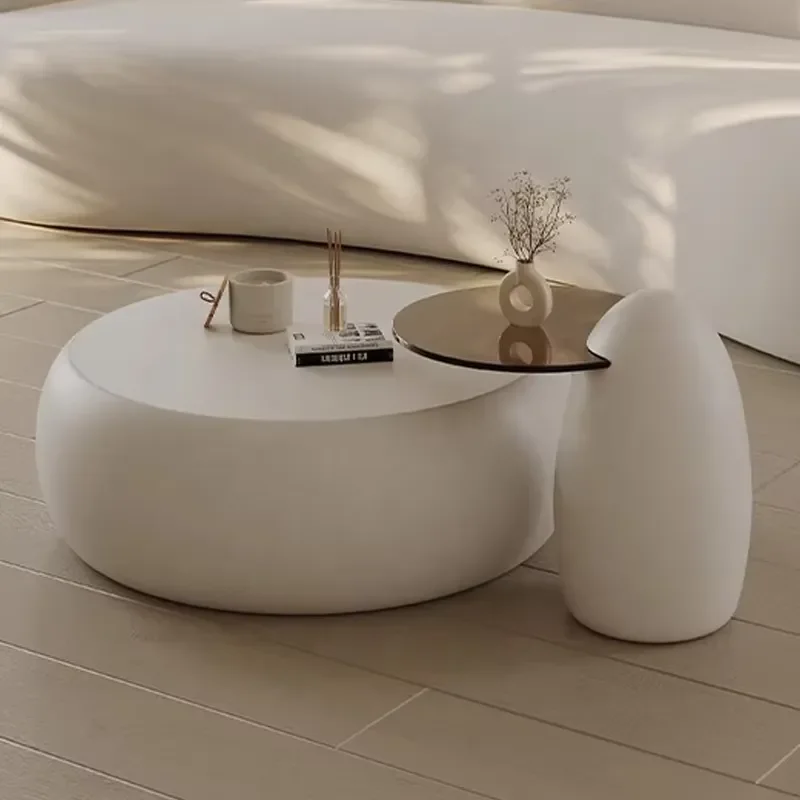 Modern Minimalist White Coffee Table Glass Topped Round Side Table Stylish Living Room Furniture Cream