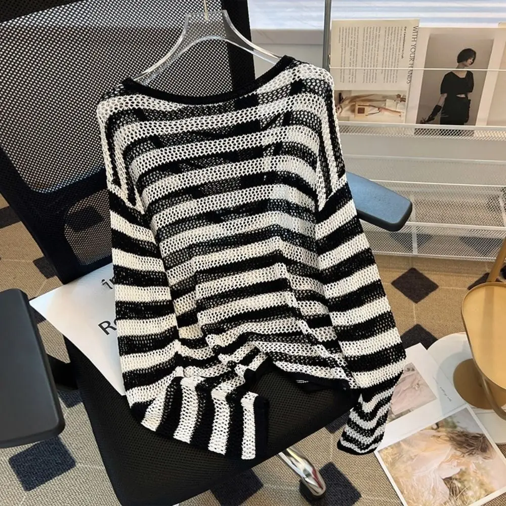 

Fashion Casual Knitted Hollow Pullover Round Neck Loose Long Sleeve T Shirt Beachwear Stripe Crochet Top Women Beach