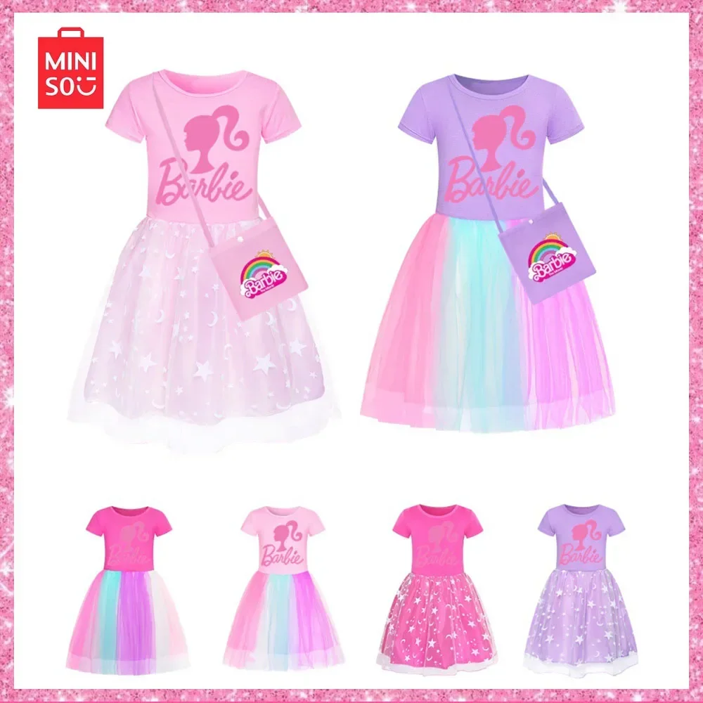 

2024 Miniso Barbie Princess New Childrens Summer Dress Stars Rainbow Rainbow Lace Saree Dopamine Girl Wear Christmas Gift