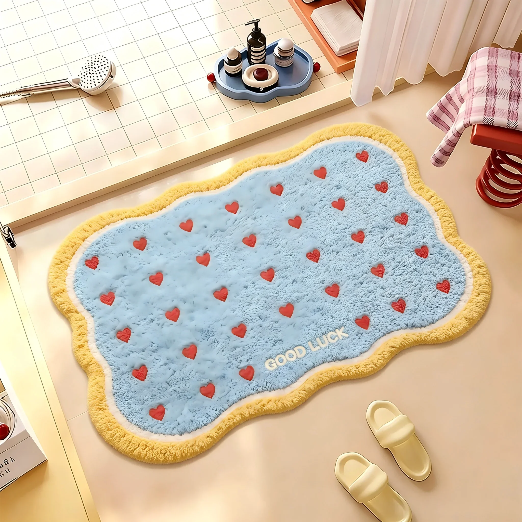 Thick Cashmere Like Bathroom Mat Absorbent Shaggy Shower Rug Aesthetic Wave Border Polka Dot Carpet
