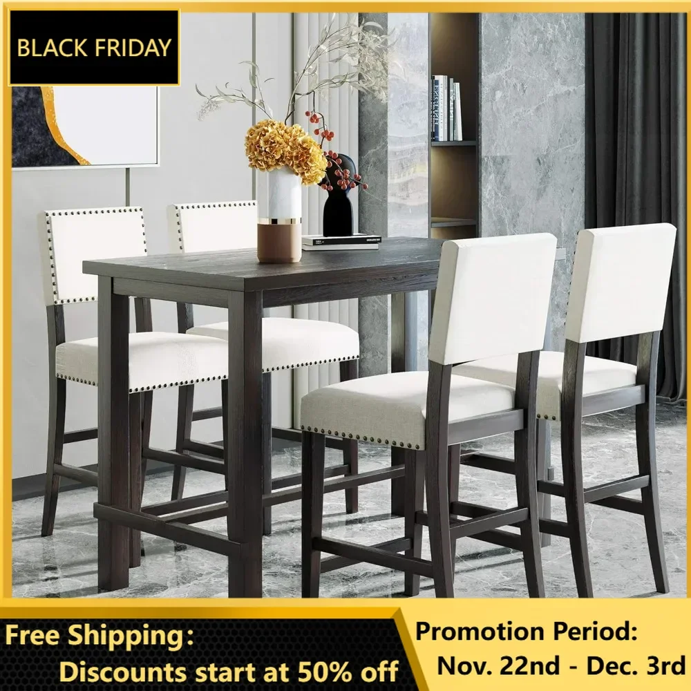 Dining Table Set, Kitchen Counter Height Set with Rectangle Table and Cushioned Chairs for Small Place, Dining Table Set