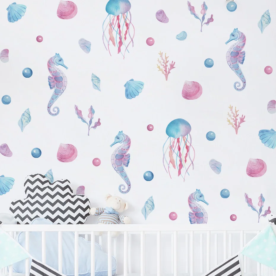 Watercolor Seahorse Jellyfish Wall Stickers for Girls Room Bedroom Wall Decals Living Room Nursery Room Decoration Wallpaper