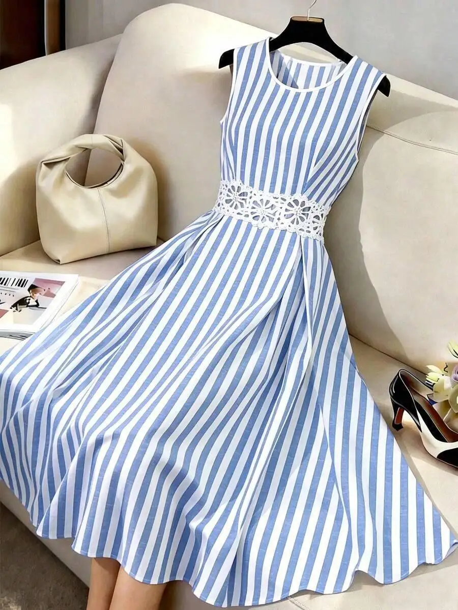 

Womens Cotton Polyester Blue White Striped Sleeveless A-Line Midi Dress With Lace Waist Trim
