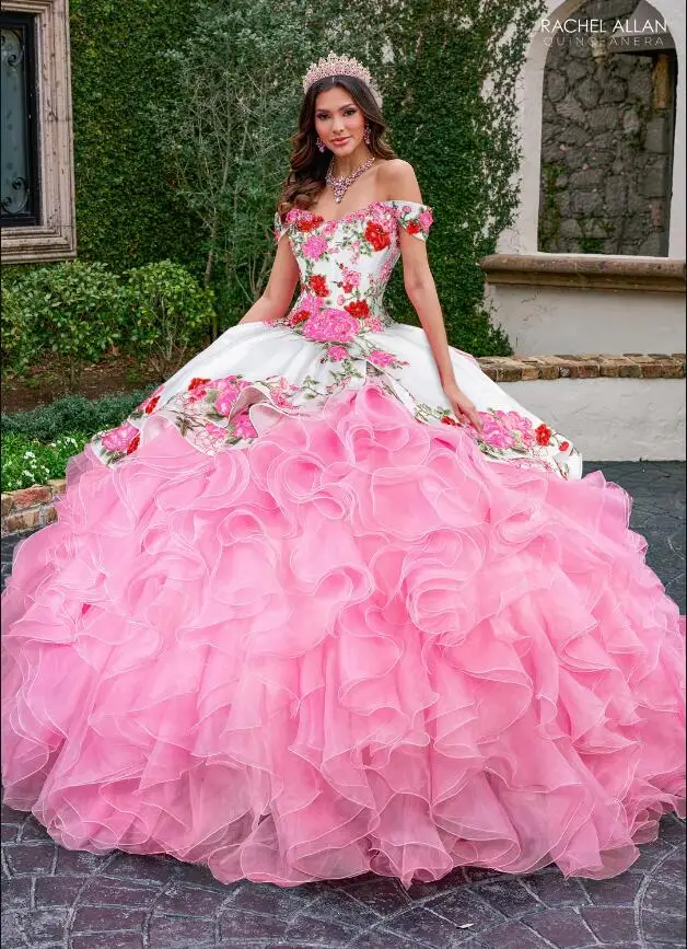 فساتين Quinceanera مكشكشة من الزهور المكسيكية ، مشد الأميرة مكشوف الكتفين ، زين تطريز وردي وأبيض ، 15 ، 25