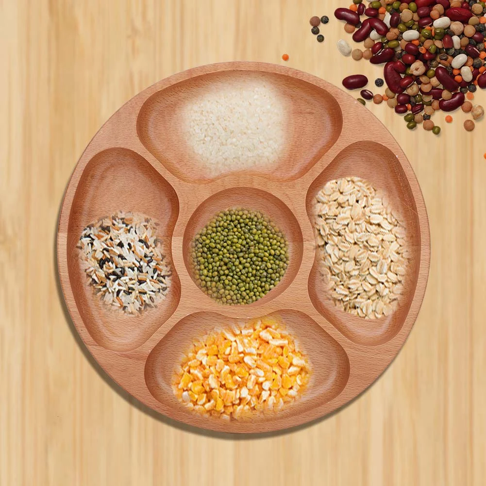 

ZK30 Wooden Round Shape Food Divided Plate Dessert Snack Sub grid Dish Tableware Tray (30cm)