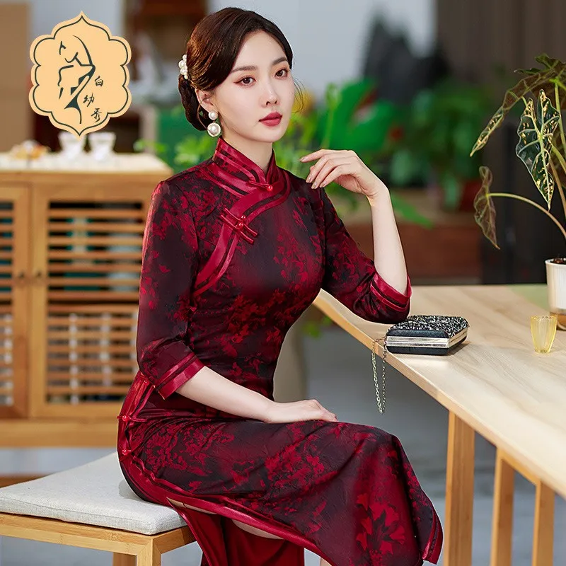 

Women's seven-point sleeve stand collar red literary cheongsam banquet evening gown