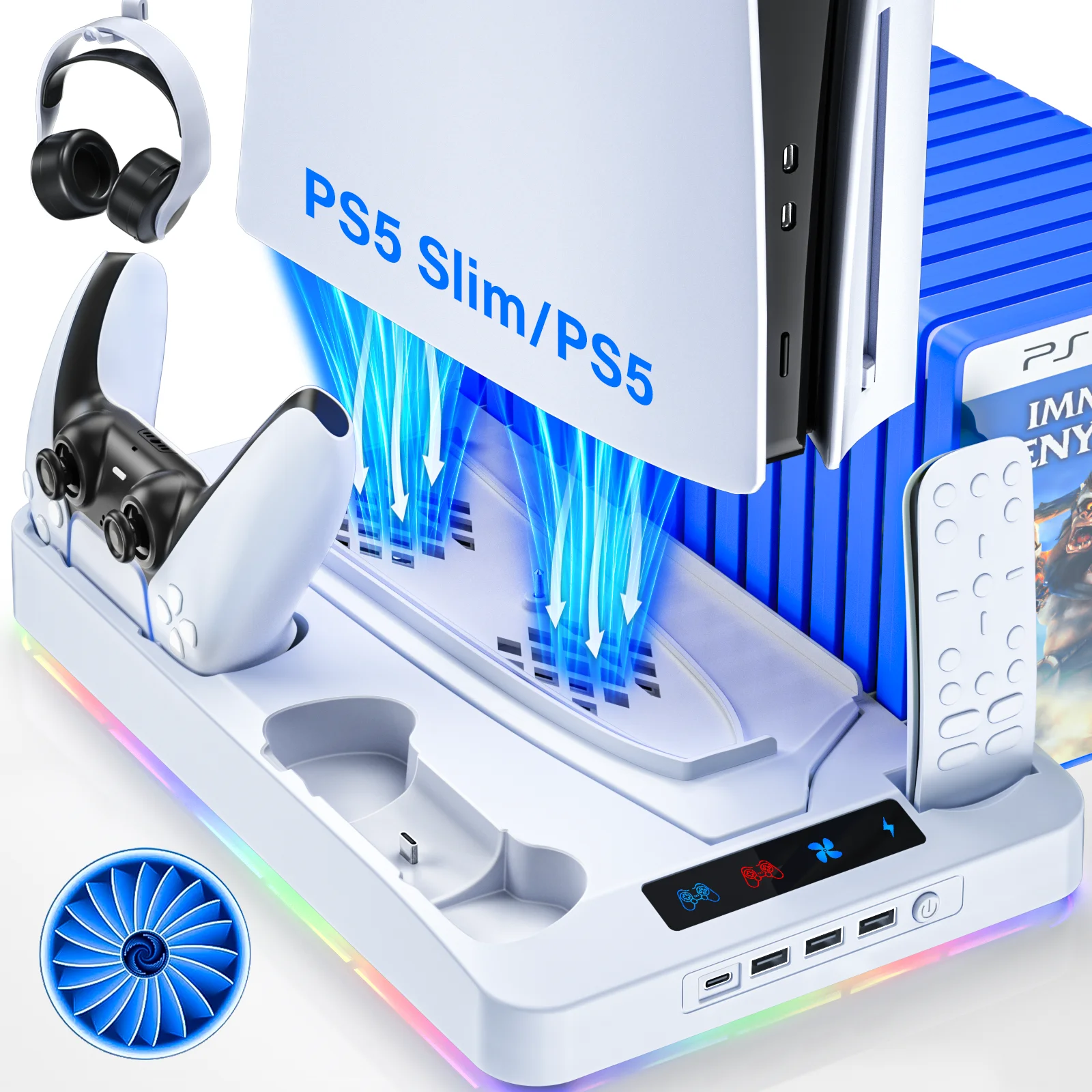 

2025 Upgraded Cooling Station for PS5/Slim Console with Dual PS5 Controller Charger,Dual Tubor Fan,3 USB Hubs