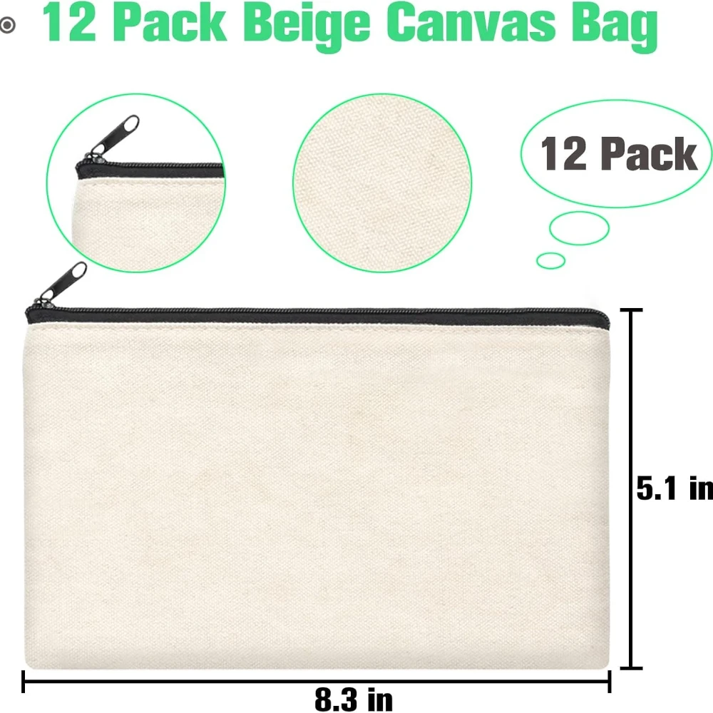 12pcs Blank Canvas Zipper Pouches, DIY Craft Pencil Bags & Multi-Purpose Storage Pouches, 8.3 × 5 Inch