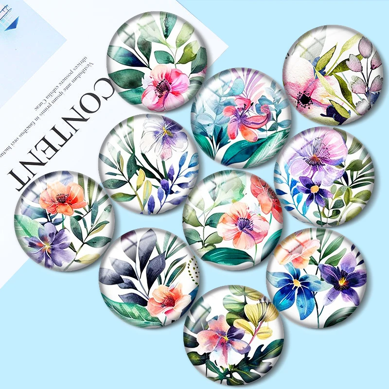 

Watercolor flowers 10pcs 12mm/18mm/20mm/25mm Round photo glass cabochon demo flat back Making findings