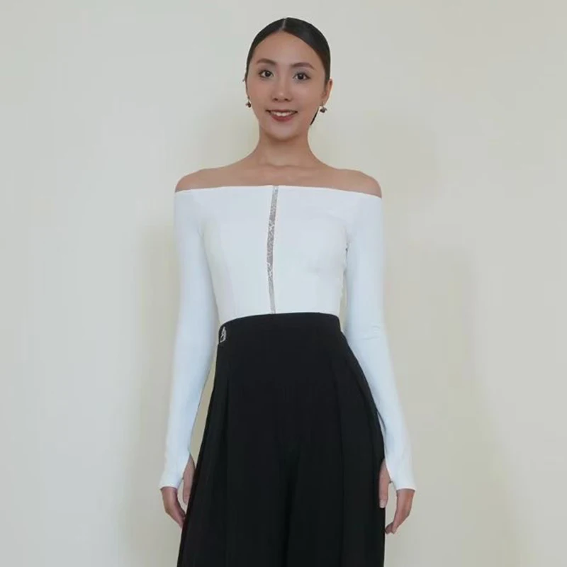 社交ダンストップス長袖 3 色ボートネックトップス大人のルンバサルサダンス服ラテントレーニング練習着 BL18313