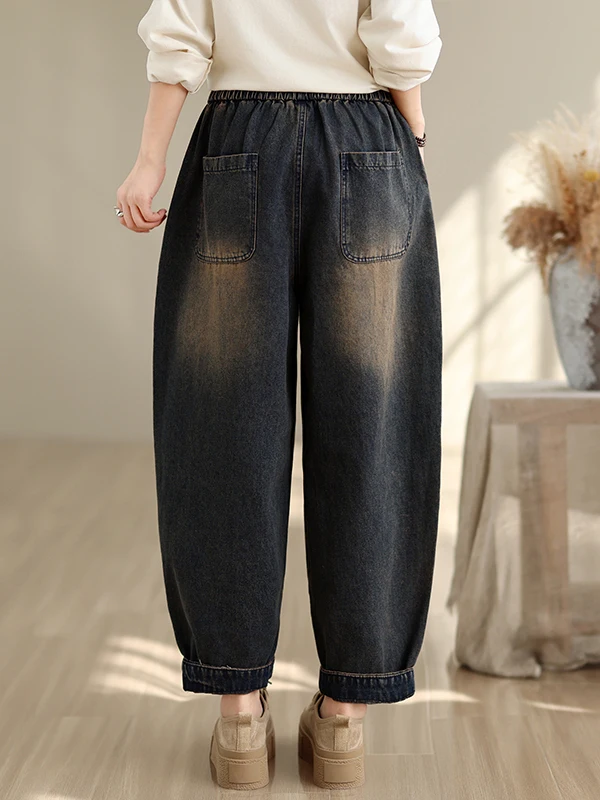 Retro Patchwork Embroidered Denim Jeans Women Loose Large Size Washed out Harlan Pants Thick Cotton Polyester Blend Blue