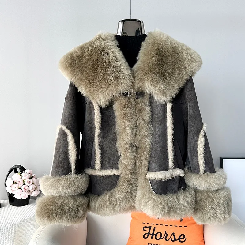 2023 Winter New Lamb Wool Fur Coat Female Rabbit Hair Warm Jacket Genuine Wool Collar Short Jacket JT445