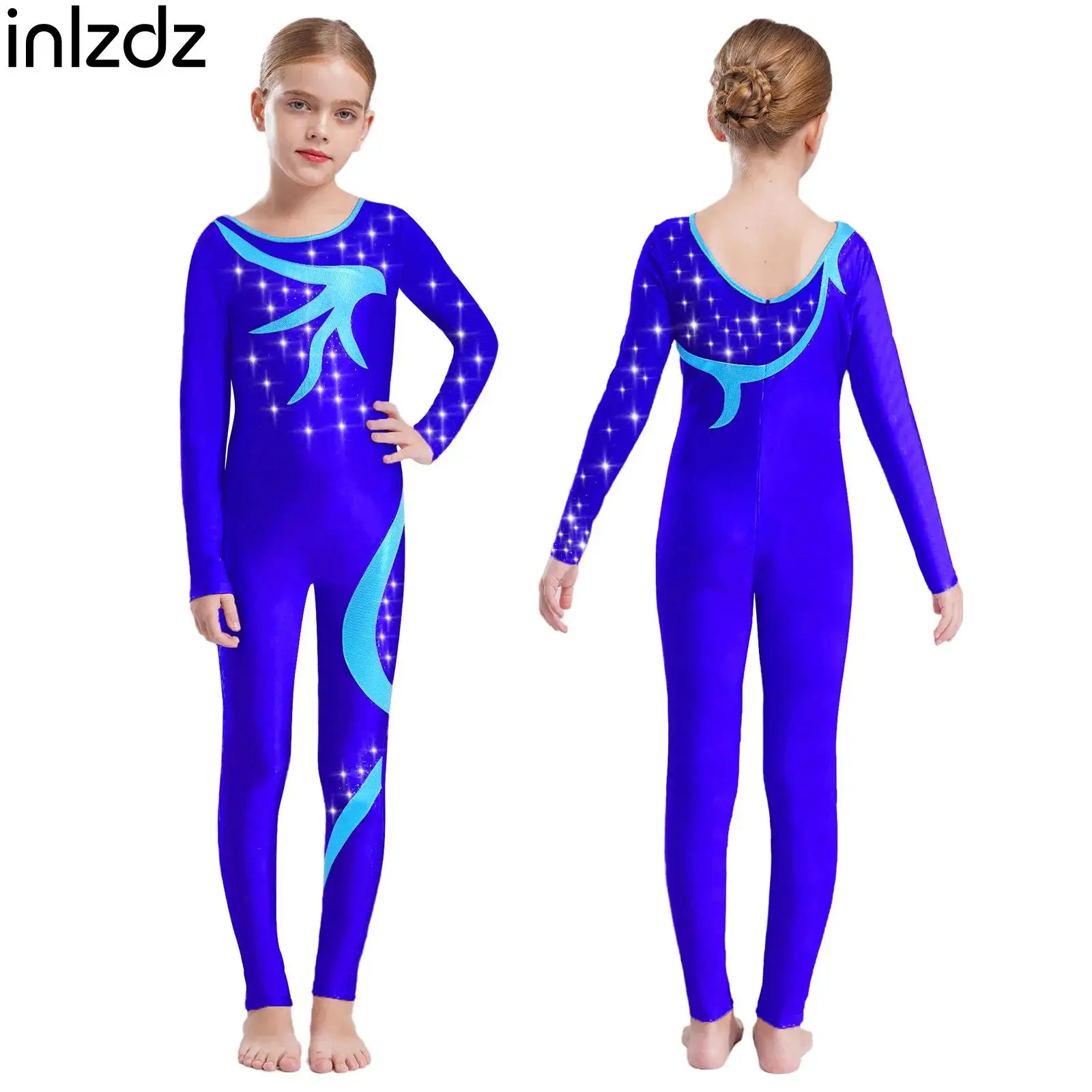 

Girls Rhythmic Gymnastics Leotards Figure Skating Acrobatics Dance Costume Long Sleeve Rhinestones Bodysuit Sheer Mesh Leotards