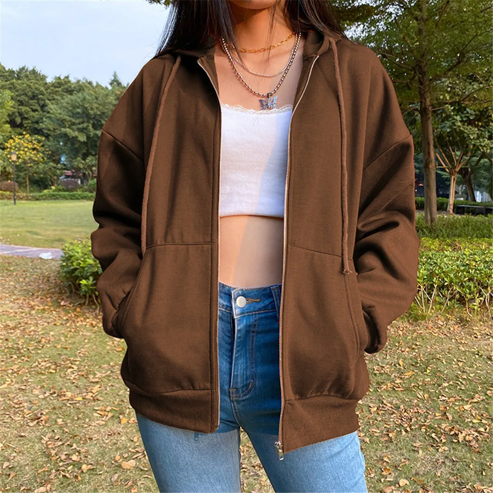 

Autumn Winter Women's Hoodie Zipper Cardigan Solid Color Fashion Sports Jacket Street Pocket Thin Velvet Warm Loose Coat