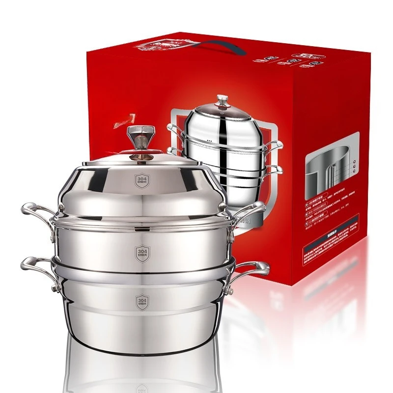 

304 stainless steel steamer, household three-layer steamer, thickened large-capacity multi-layer gift pot