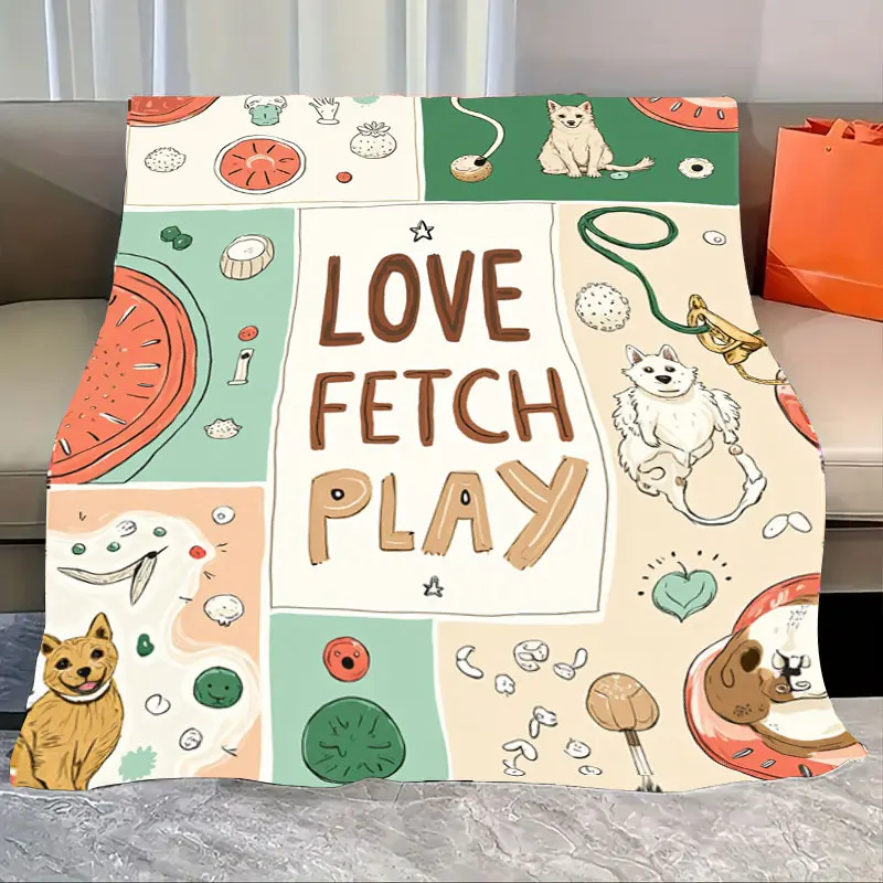 

1pc Flannel Blanket "Love Fetch Play - Cute Dog & Pet Toy Print Blanket for Cozy Home Decor"