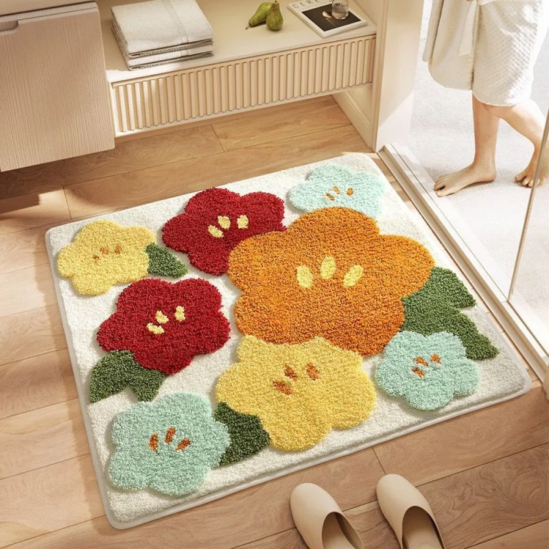 Small, fresh floral bathroom floor mat, absorbent, faux cashmere, non-slip, square rug for bathroom entrance, wholesale