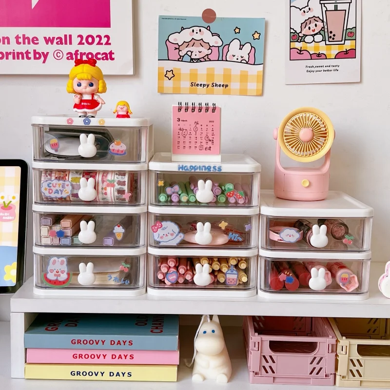 Rabbit Kawaii Desktop Organizer Drawer Pink/White Washi/Paper/Pencil/Sticker/Marker Cute Desk Storage Box Pen Holder Stationery