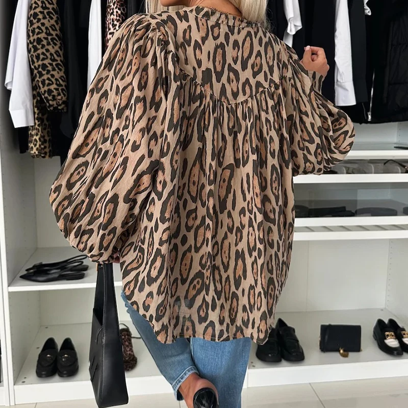 Autumn Leopard Print Loose Pullover Women Fashion V-neck Long Sleeved Commuter Top New Casual High Street Pleated Shirt Blouses