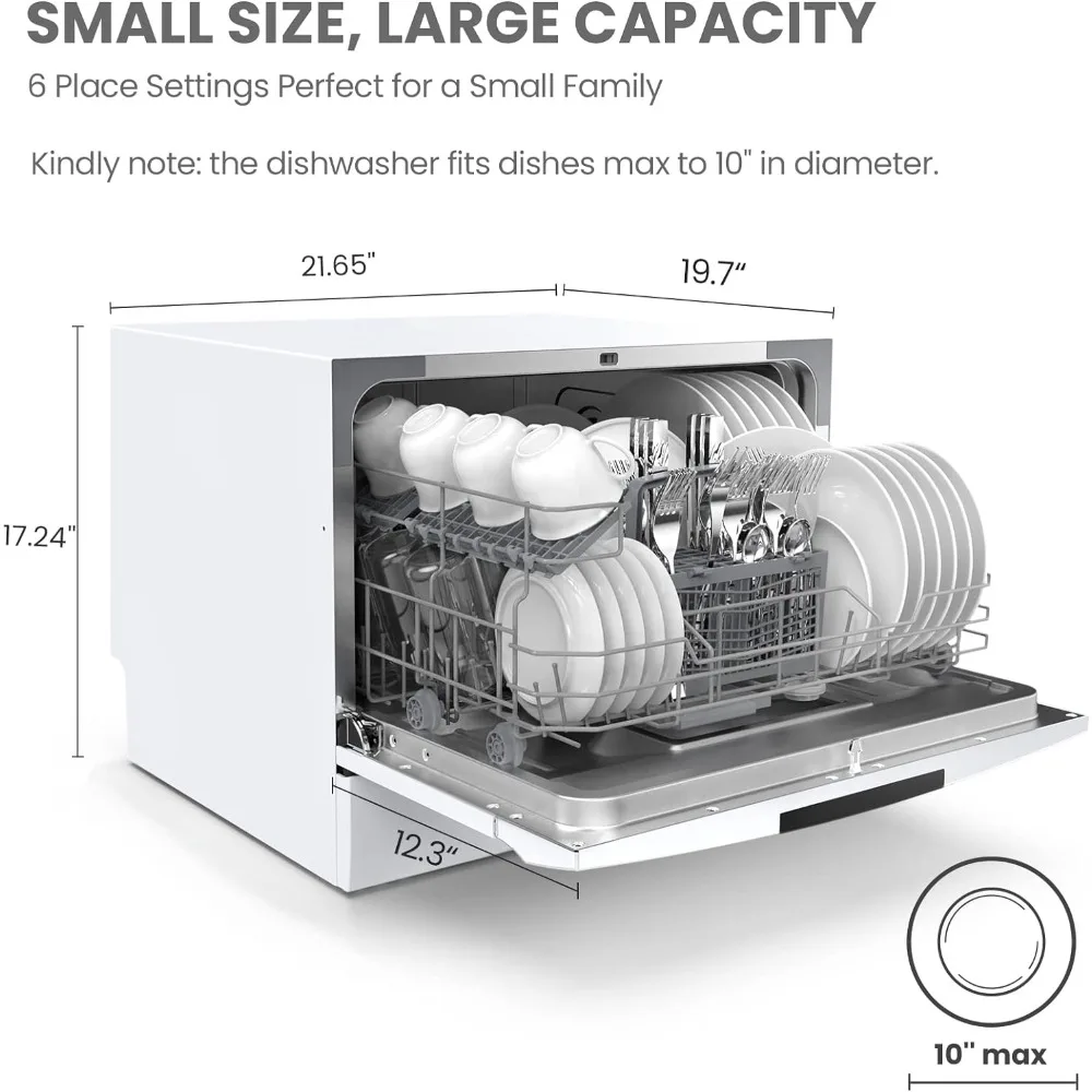 Portable Mini Dishwasher, 6 Place Settings, with 8 Washing Programs, Baby-Care, ECO& Glass, Dish Washer for Dorm, RV& Apartment