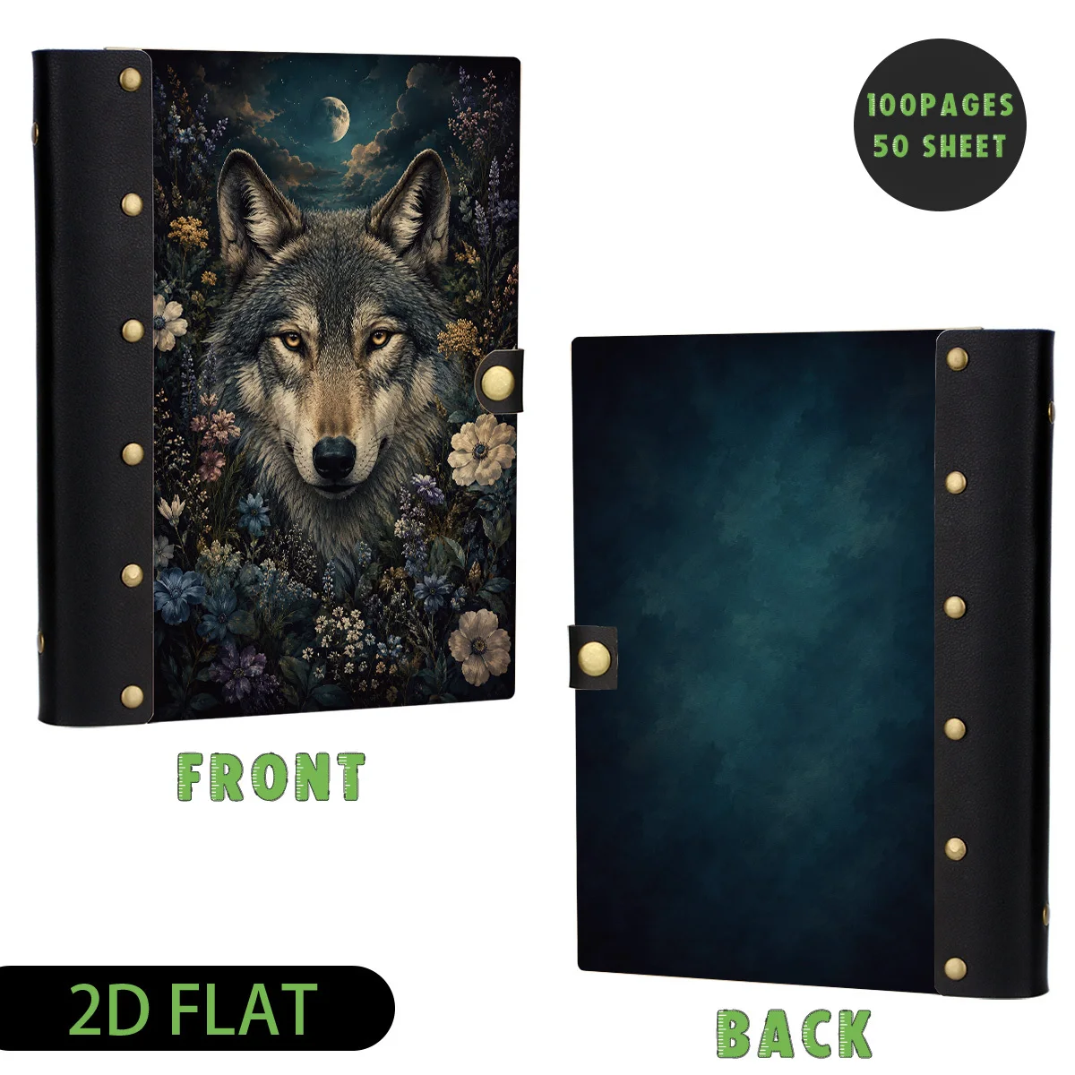 1PC Wolf Moon Hardcover Notebook, 100 Pages, Leather Rivet Craftsmanship, Wooden Hard Cover Design, Wild Animal Journal, Woodlan