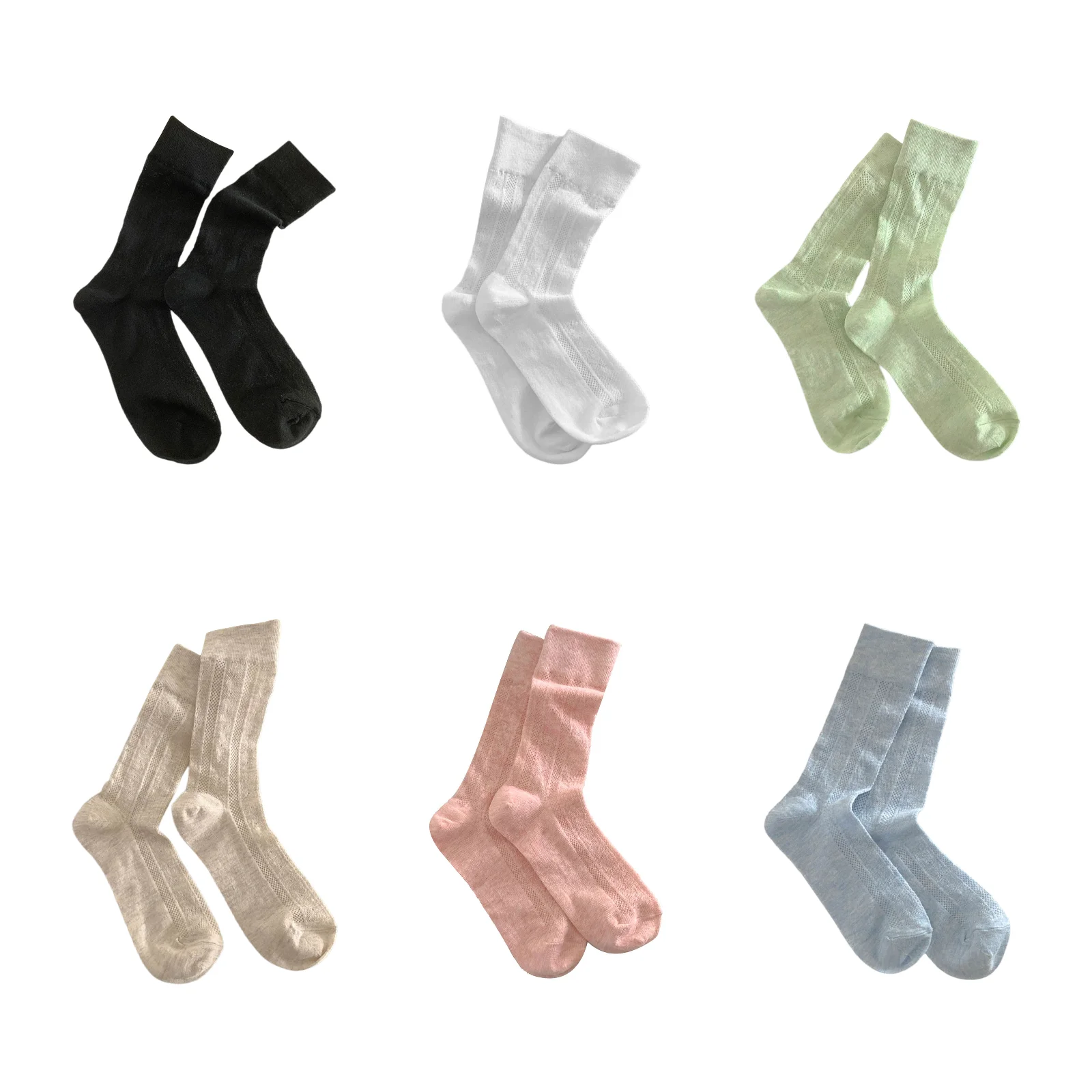 

6 colors optional hollow mesh socks for women, including black, beige, light green, khaki pink, light blue