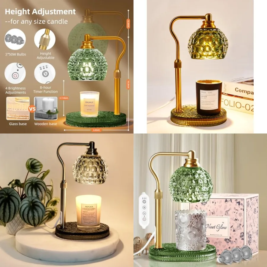 

Candle Warmer Lamp with Timer and Dimmer, Glass Lamp Candle Warmer for Jar Candles, UPGRATED with 3 Bulbs, Height Adjustable El