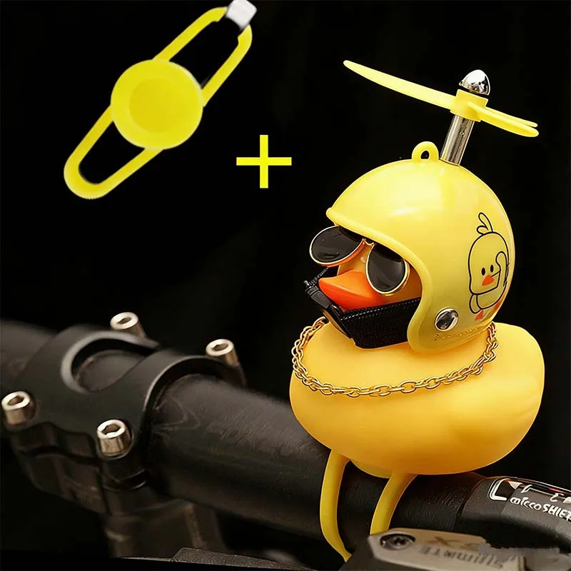 Niedliche Gummi-Ente Fahrradlenker-Dekoration mit Propellern, Brille, Goldkette, Schwarz-Gelbe Ente Fahrradhorn mit Riemen – Detail 10