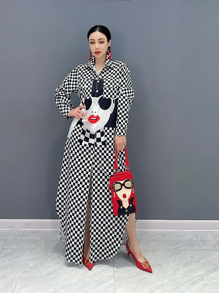 Vefadisa 2024 Summer New Korean POLO Collar Fashion Checker Sunglasses Girls Shirt Dress Women Full Sleeve Plaid Dress ZXF220B