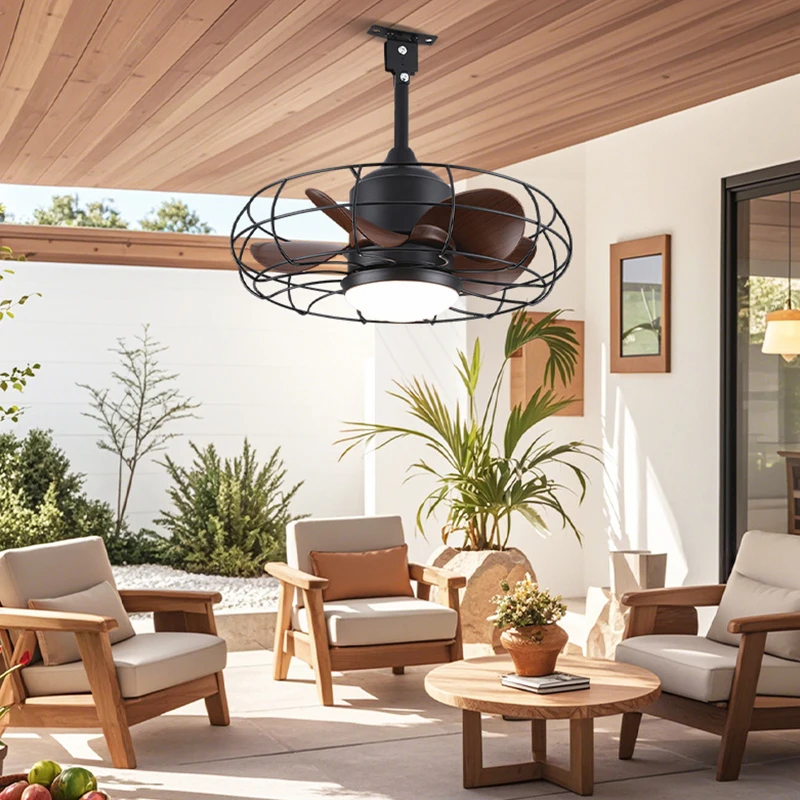 Industrial Style Ceiling Fan with Light and Remote Control Black Round Cage Outdoor Waterproof Fan with Hook for Patios Porch