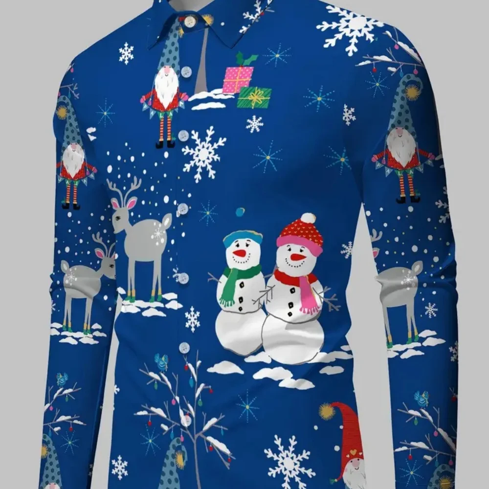 

Men's plus Size Long Sleeved Button up Shirt Christmas Print Snowman Social Party Comfortable New