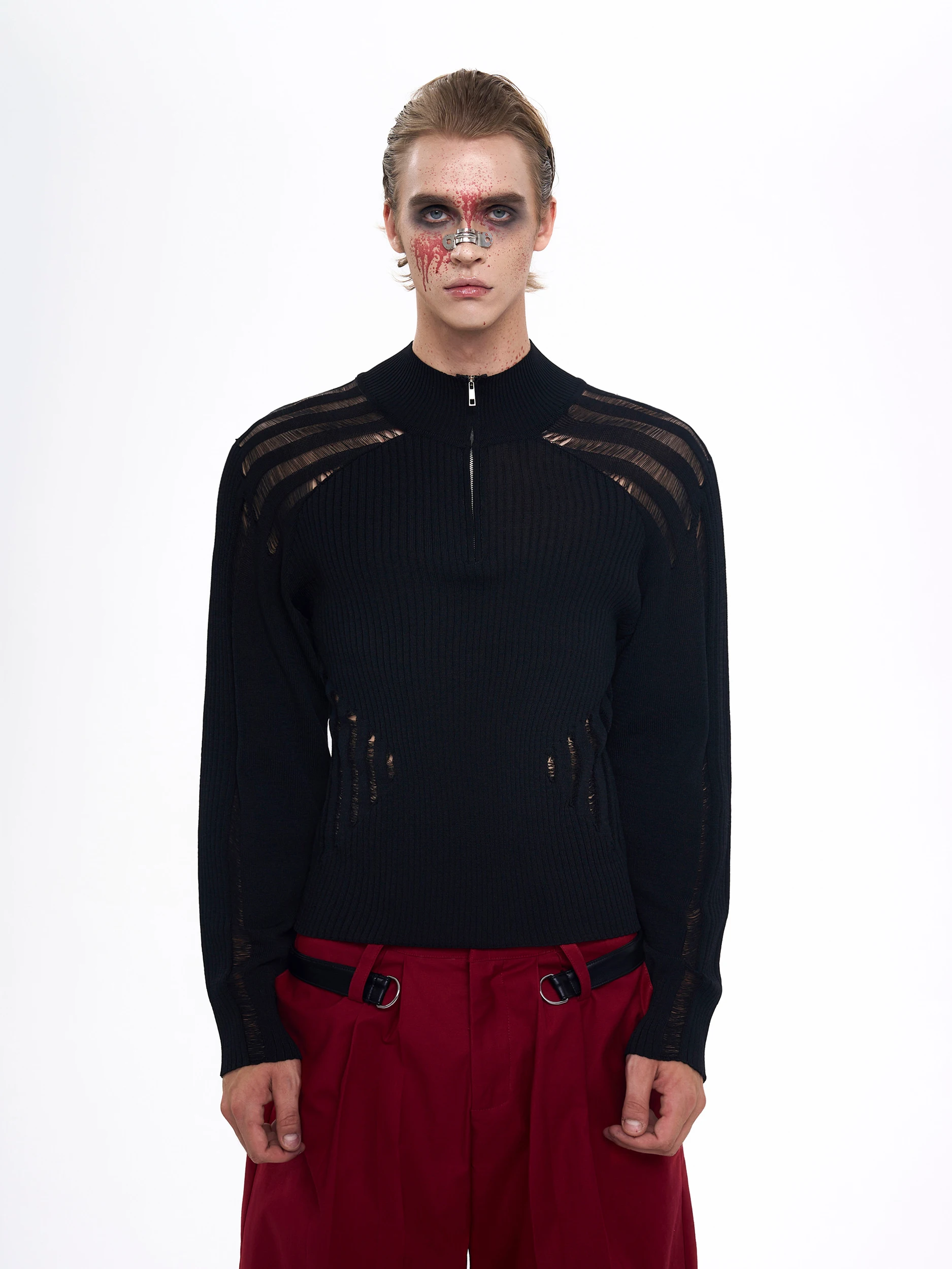 Black Thin Long Sleeved Sweater Cardigan Men in Early Autumn Hollowed Out Stand Up Collar Slim Fit Knit Sweater Jackets