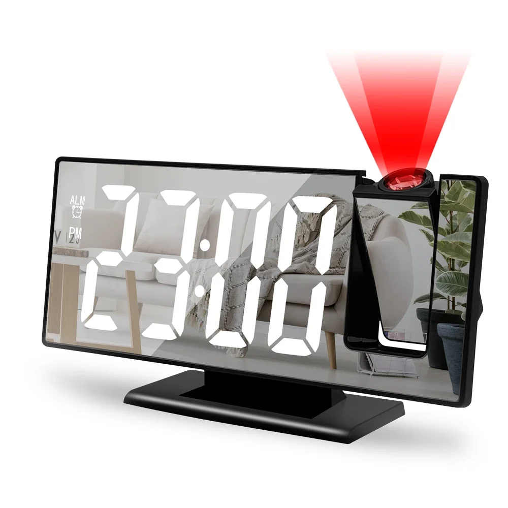 USB Plug-in Digital Alarm Clock with Time Temperature 180° Arm Projection Snooze Function 12/24H Display LED Table Clock