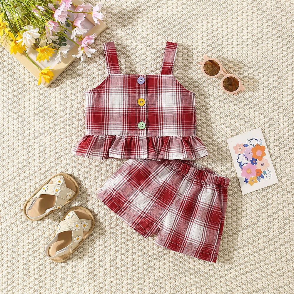 Summer Baby Girl Cotton Colored Plaid Suspender Top And Shorts Set, Cute Lace Small Fly Sleeve Beach Two-Piece Set For Girls