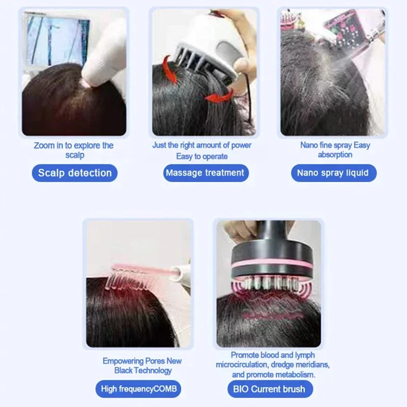 Hot Sales5 In 1 SCALP DETECTOR WATER OXYGEN SPRAY GUN SCALP MASSAGER HIGH FREQUENCY CURRENTCOMB BIO MERIDIAN BRUSH