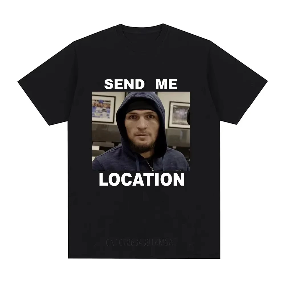 Khabib Send Me Location graphic T-shirt, stylish Harajuku-style short-sleeved T-shirt, hip-hop retro pure cotton loose T-shirt,