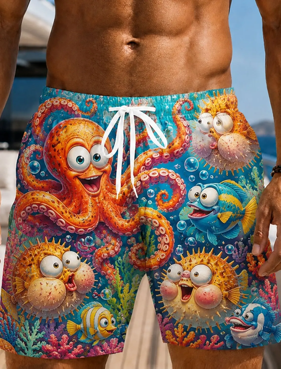 

Men's Fish Octopus Coral Print Drawstring Waist Shorts, Hawaiian Style Spring Summer Beach Vacation Daily Casual Fashion Wear