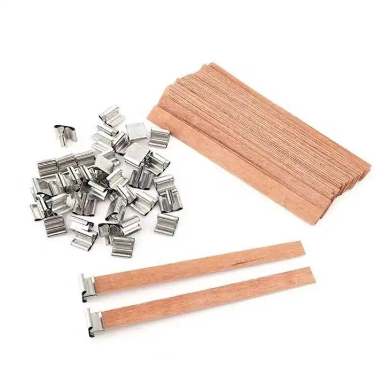 30pcs Wooden Candle Wicks Candle Making Set Wicks with Clip Base Naturally Smokeless Wood Core for DIY Candle Jar Making Tools