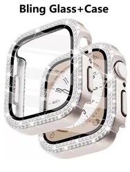 Bling Glass+Cover For Apple Watch Case 44mm 45 41mm 40mm 44 mm women Diamond bumper+Screen Protector iwatch series 7 9 8 5 6 SE