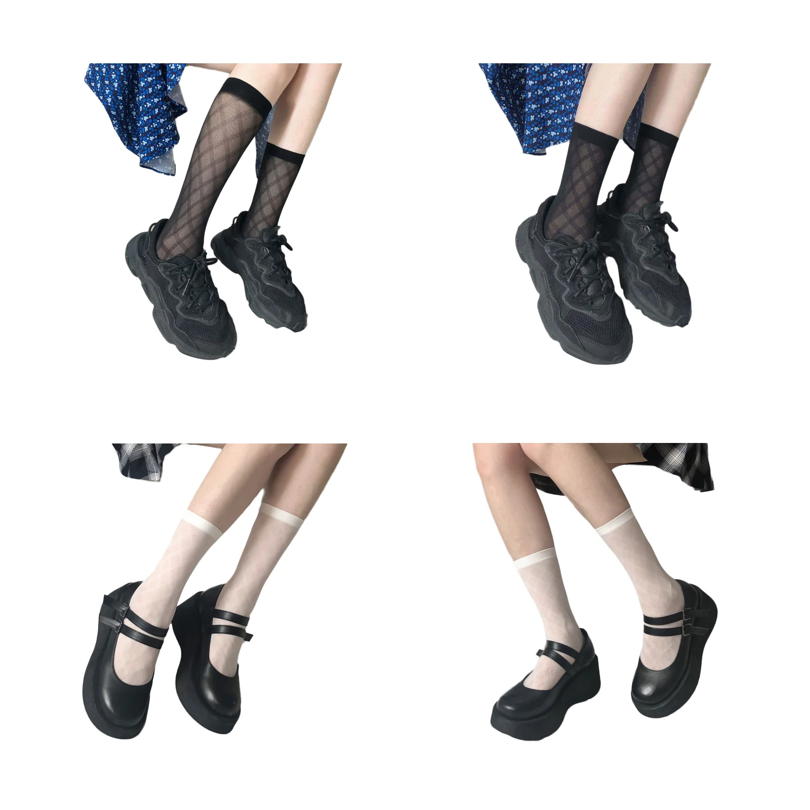 

Classic dark pattern mesh calf socks and short stockings combination (black/white, 1 pair each for calf/medium short)