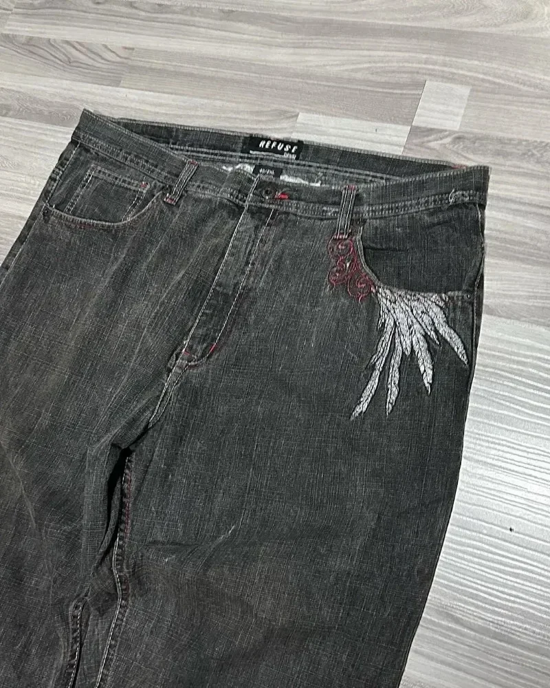 Calça jeans retrô azul larga masculina e feminina, roupa de rua, harajuku, calça hip hop, bordada asa, cintura alta, calça larga, nova, Y2K