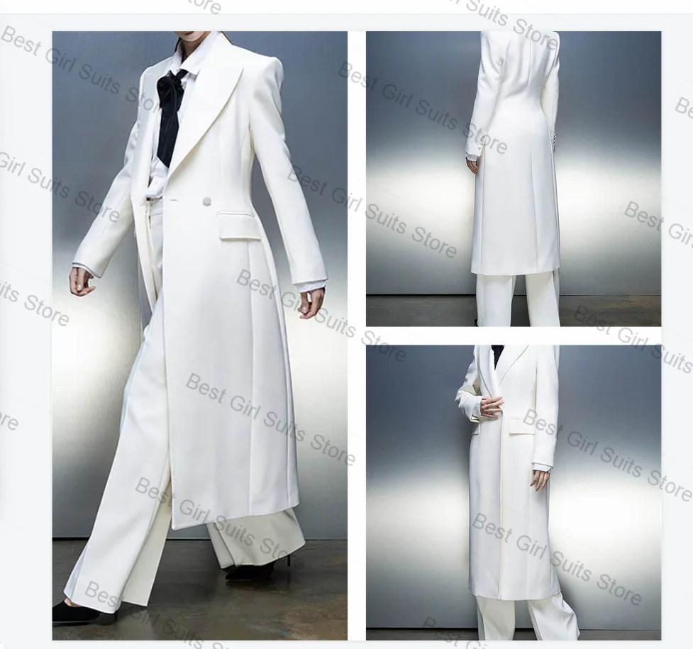 Witte vrouwen pak set 2-delige lange blazer broek herfst herfst dubbele rij knopen formeel kantoor dame jas aangepaste bruiloft broek